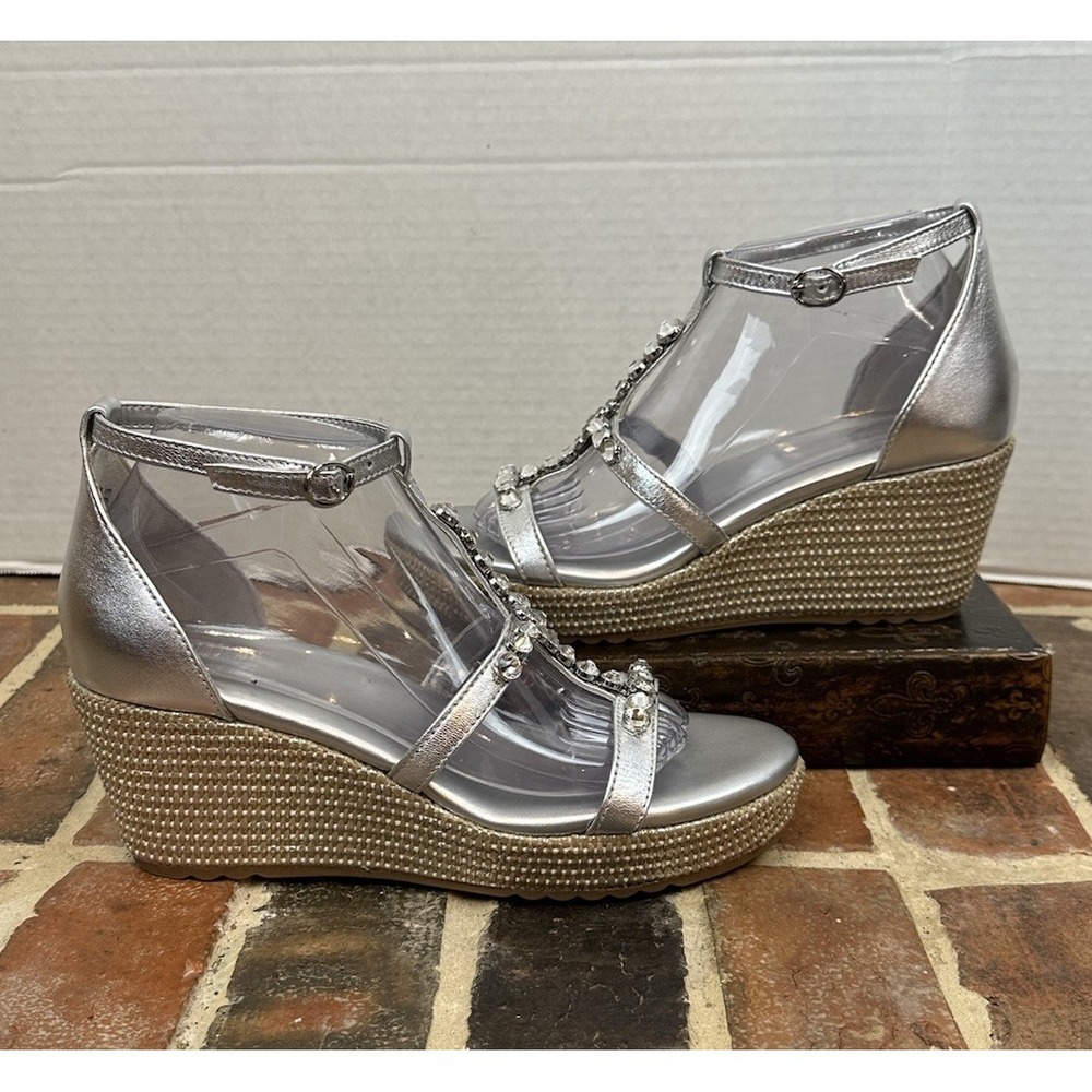 Naturalizer Silver Wedge Sandals with Jeweled Straps